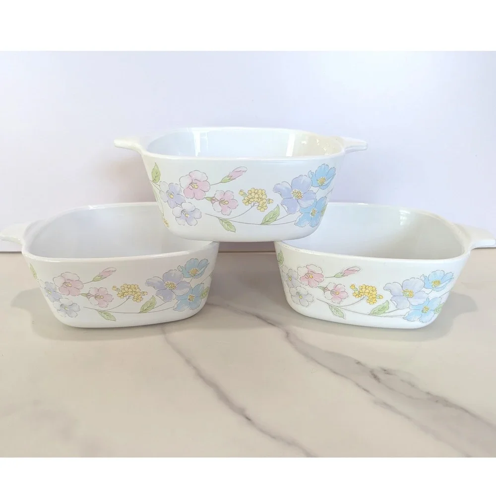 Vintage Casserole Dish Set 700mL White Pastel Bouquet Floral P-43-B